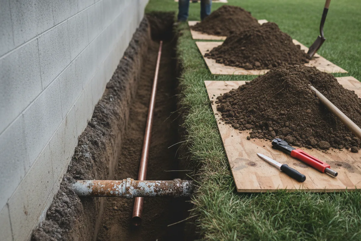 Excavated water line trench during Sewer Line Repair in Coulters